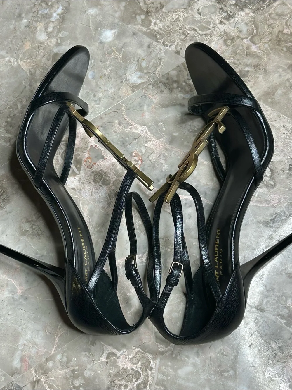 Saint Laurent Black Leather Heeled Sandals with Gold YSL Monogram - Picture 10 of 16